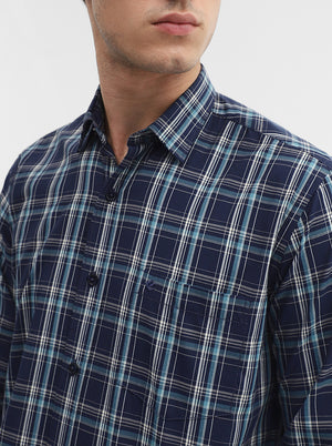 Navy Blue Checked Smart Fit Semi Casual Shirt | Greenfibre
