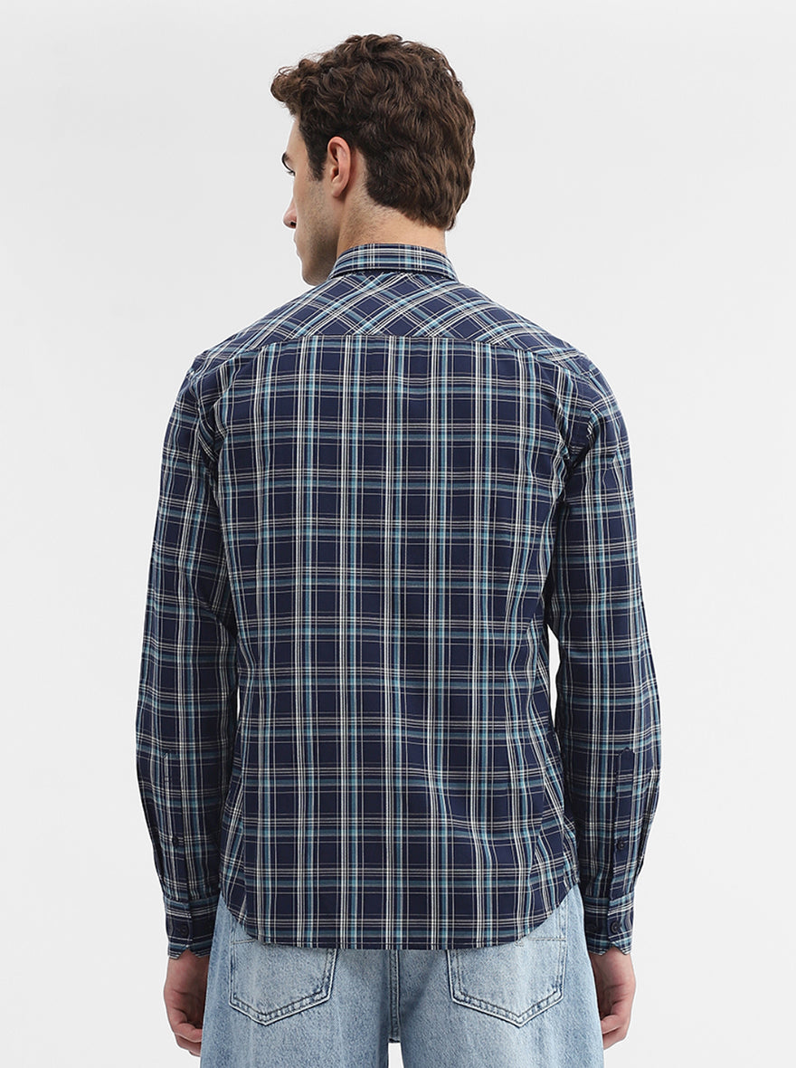 Navy Blue Checked Smart Fit Semi Casual Shirt | Greenfibre