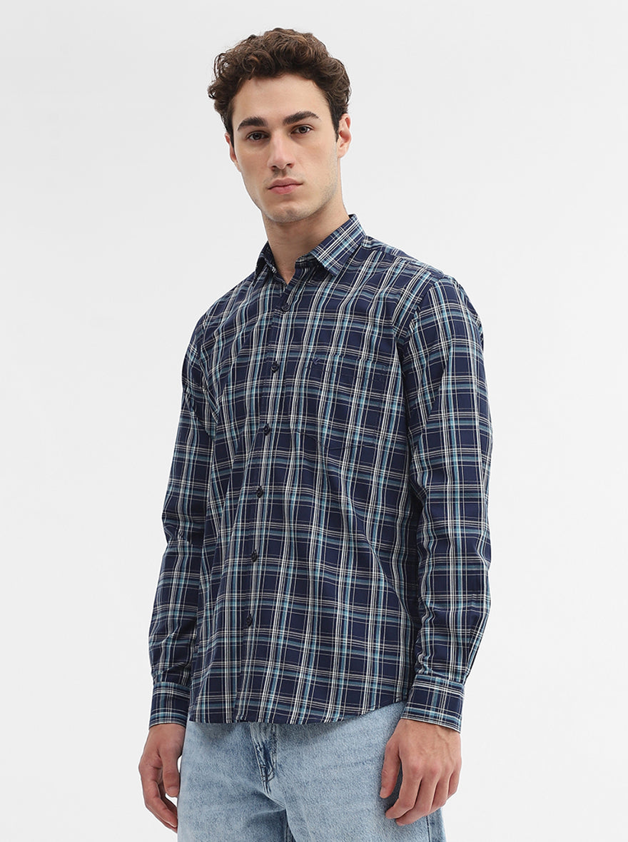 Navy Blue Checked Smart Fit Semi Casual Shirt | Greenfibre
