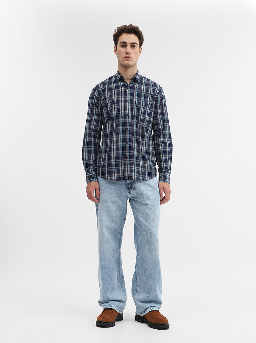 Navy Blue Checked Smart Fit Semi Casual Shirt | Greenfibre