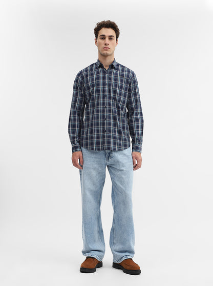 Navy Blue Checked Smart Fit Semi Casual Shirt | Greenfibre