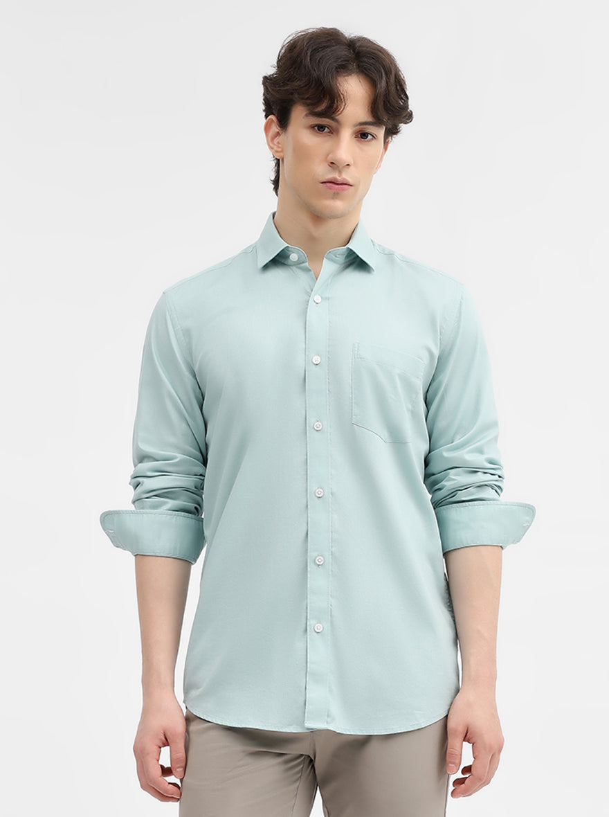 Aqua Blue Solid Tailored Fit Semi Casual Shirt | JadeBlue