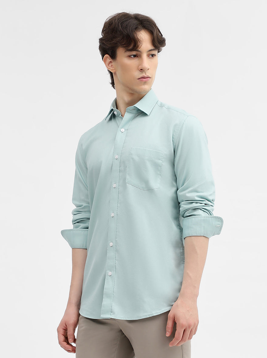 Aqua Blue Solid Tailored Fit Semi Casual Shirt | JadeBlue