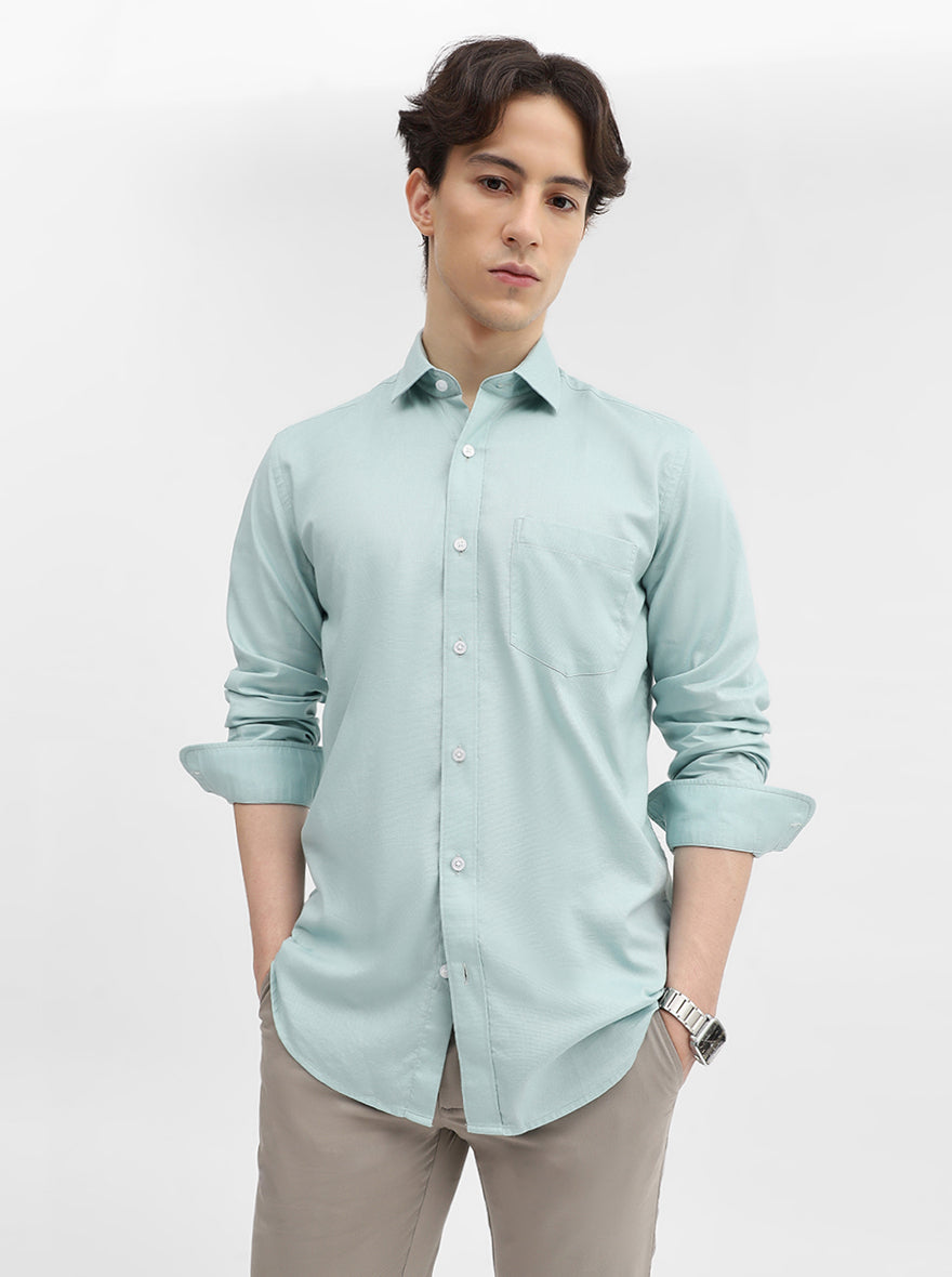 Aqua Blue Solid Tailored Fit Semi Casual Shirt | JadeBlue