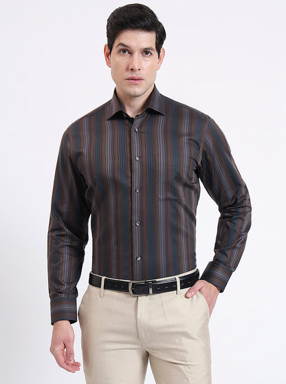 Brown Striped Slim Fit Formal Shirt | JadeBlue Super Luxe