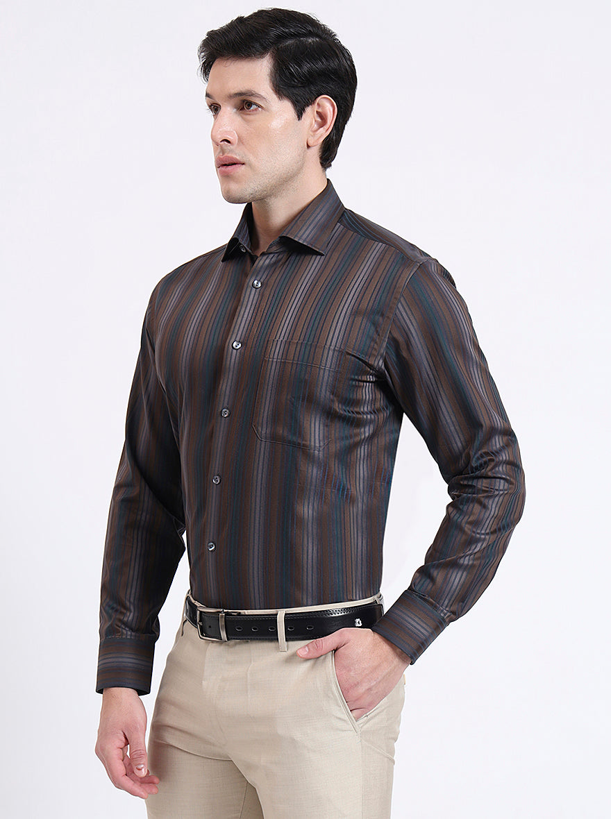 Brown Striped Slim Fit Formal Shirt | JadeBlue Super Luxe