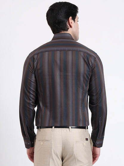Brown Striped Slim Fit Formal Shirt | JadeBlue Super Luxe