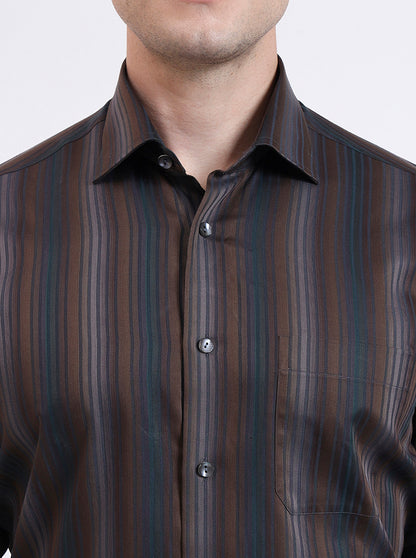 Brown Striped Slim Fit Formal Shirt | JadeBlue Super Luxe
