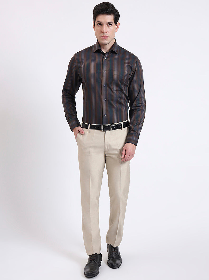 Brown Striped Slim Fit Formal Shirt | JadeBlue Super Luxe
