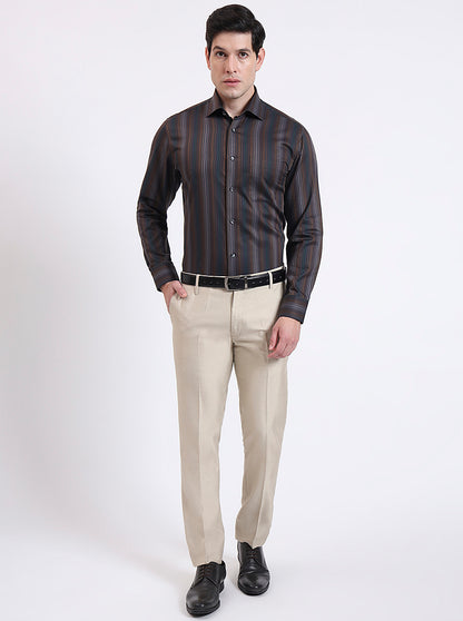 Brown Striped Slim Fit Formal Shirt | JadeBlue Super Luxe