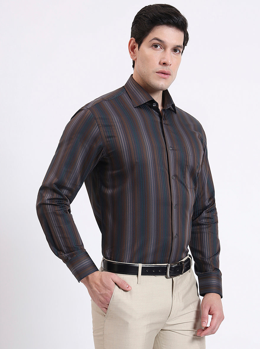 Brown Striped Slim Fit Formal Shirt | JadeBlue Super Luxe