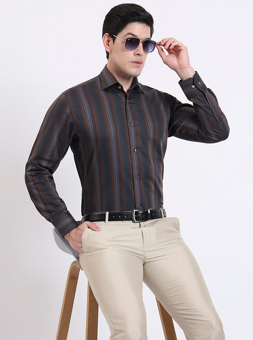 Brown Striped Slim Fit Formal Shirt | JadeBlue Super Luxe