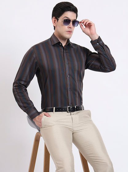 Brown Striped Slim Fit Formal Shirt | JadeBlue Super Luxe