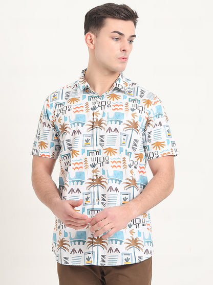 White Printed Slim Fit Casual Shirt | JadeBlue