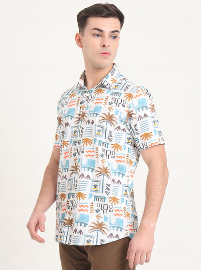White Printed Slim Fit Casual Shirt | JadeBlue