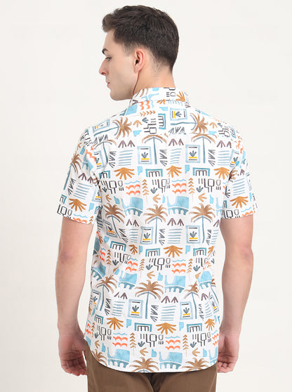 White Printed Slim Fit Casual Shirt | JadeBlue