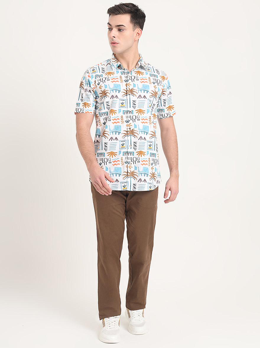 White Printed Slim Fit Casual Shirt | JadeBlue