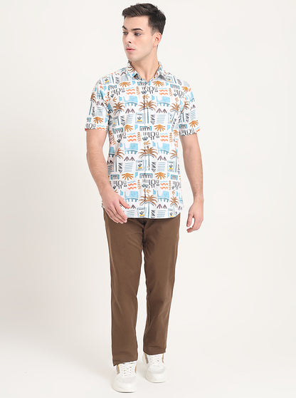 White Printed Slim Fit Casual Shirt | JadeBlue