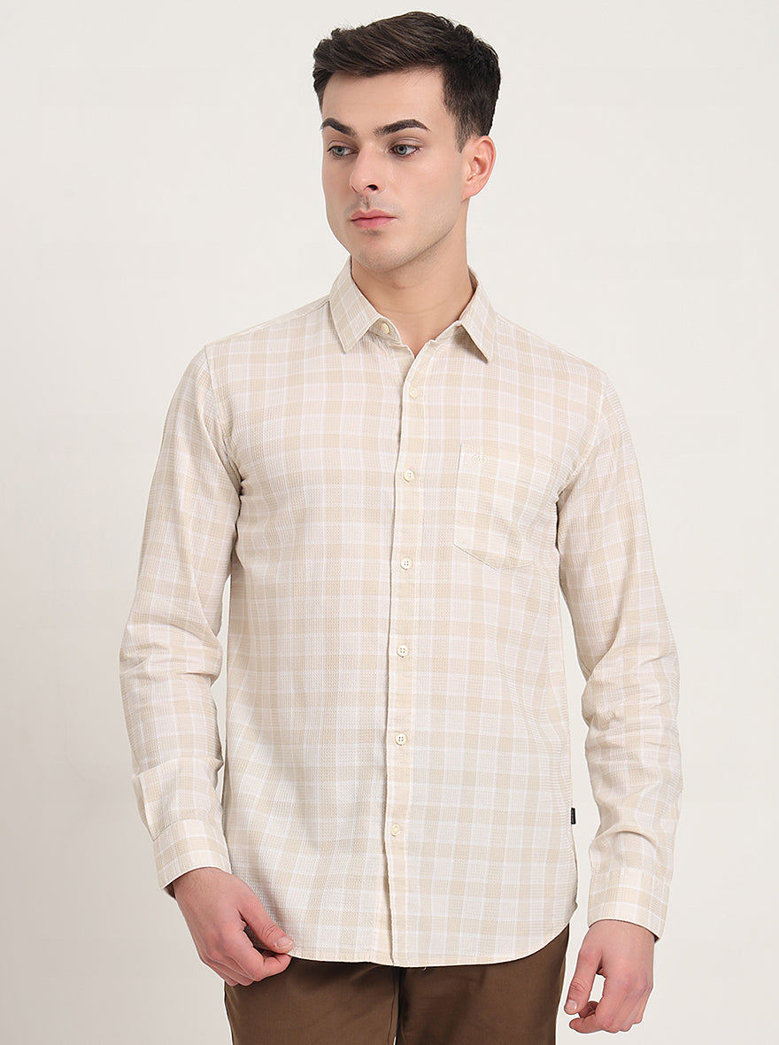 Beige Checked Slim Fit Casual Shirt | JadeBlue