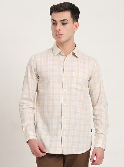 Beige Checked Slim Fit Casual Shirt | JadeBlue