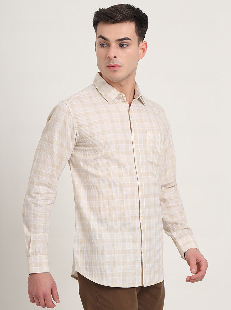 Beige Checked Slim Fit Casual Shirt | JadeBlue