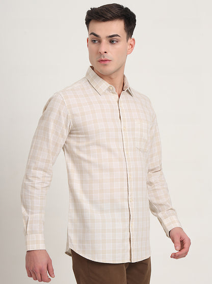 Beige Checked Slim Fit Casual Shirt | JadeBlue