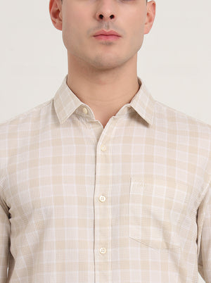 Beige Checked Slim Fit Casual Shirt | JadeBlue