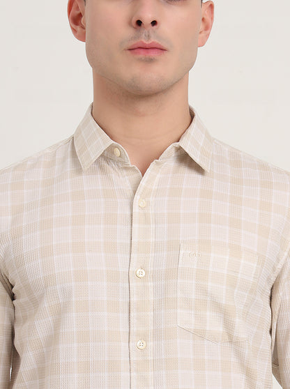 Beige Checked Slim Fit Casual Shirt | JadeBlue