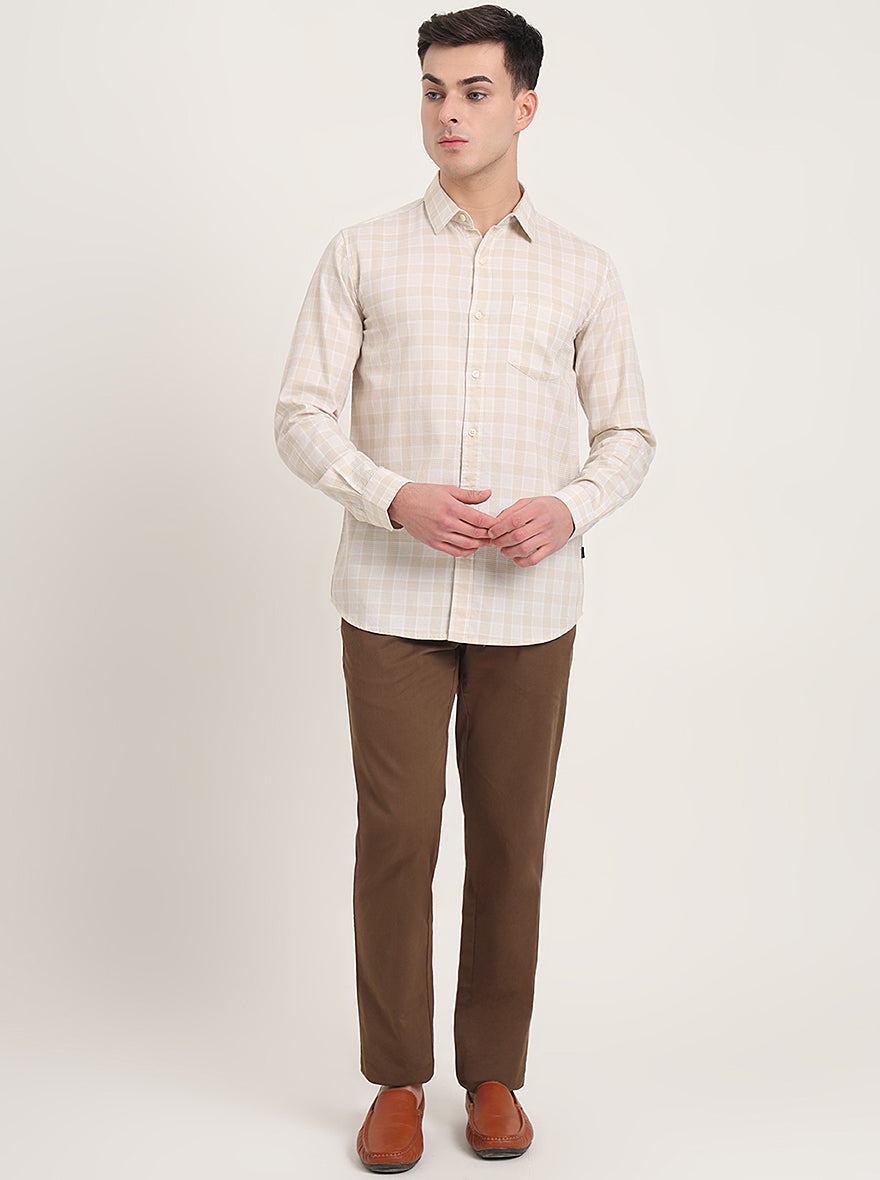 Beige Checked Slim Fit Casual Shirt | JadeBlue