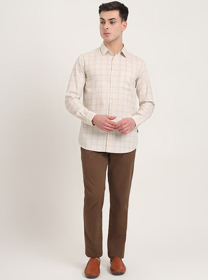 Beige Checked Slim Fit Casual Shirt | JadeBlue