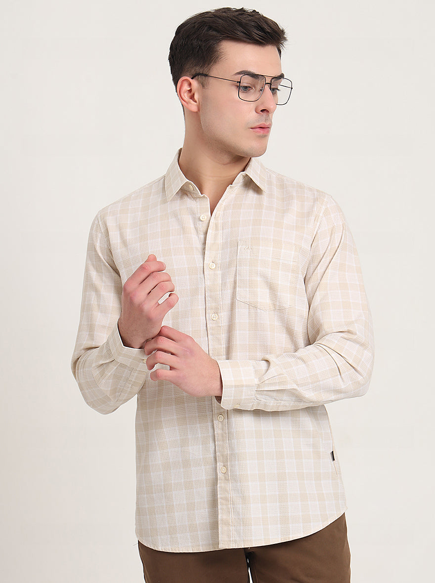 Beige Checked Slim Fit Casual Shirt | JadeBlue