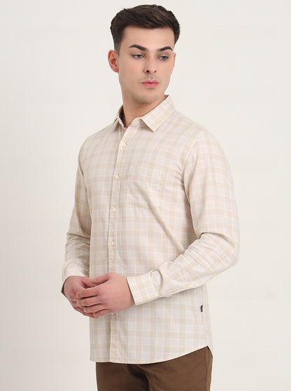 Beige Checked Slim Fit Casual Shirt | JadeBlue