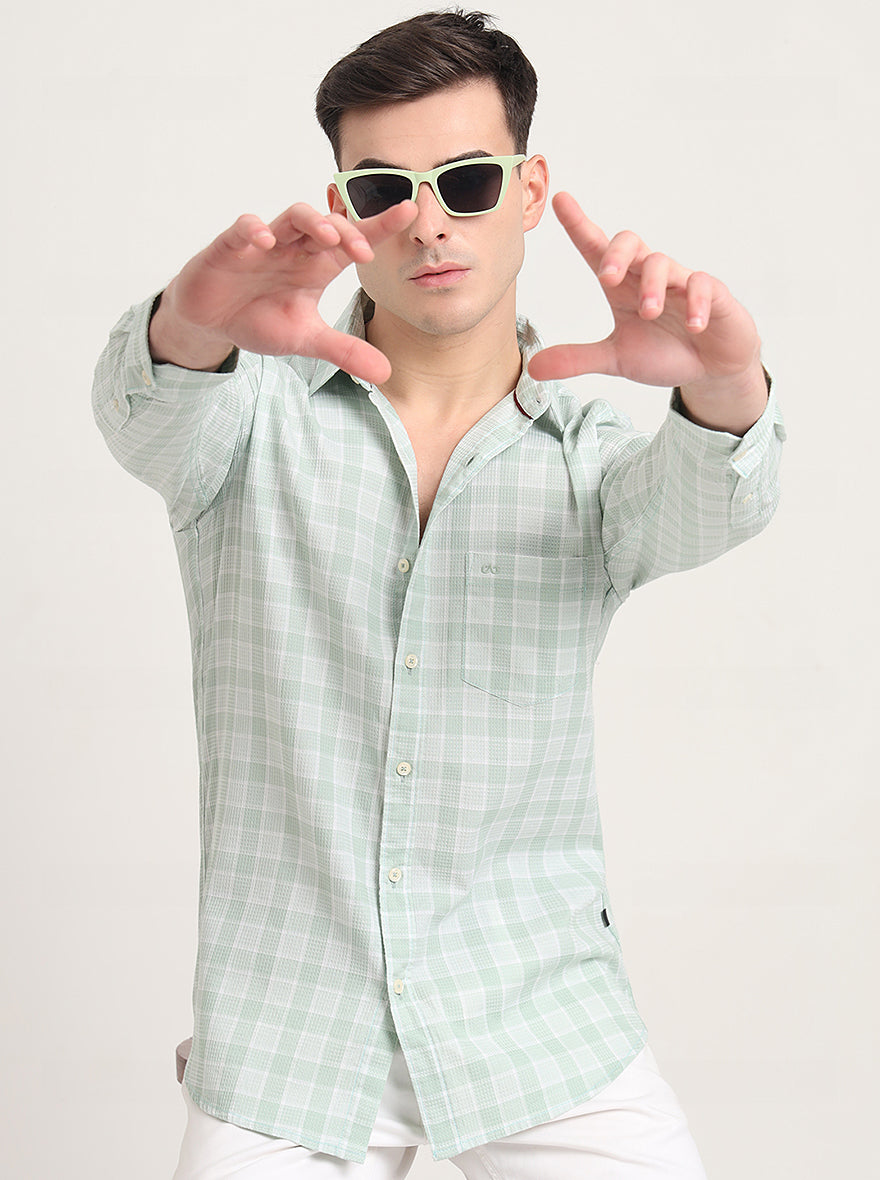 Beige Checked Slim Fit Casual Shirt | JadeBlue