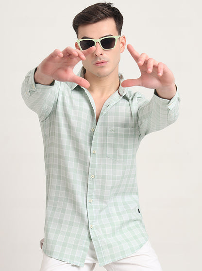 Beige Checked Slim Fit Casual Shirt | JadeBlue