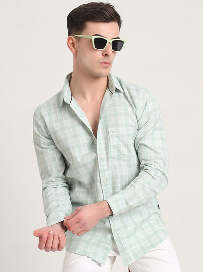 Beige Checked Slim Fit Casual Shirt | JadeBlue