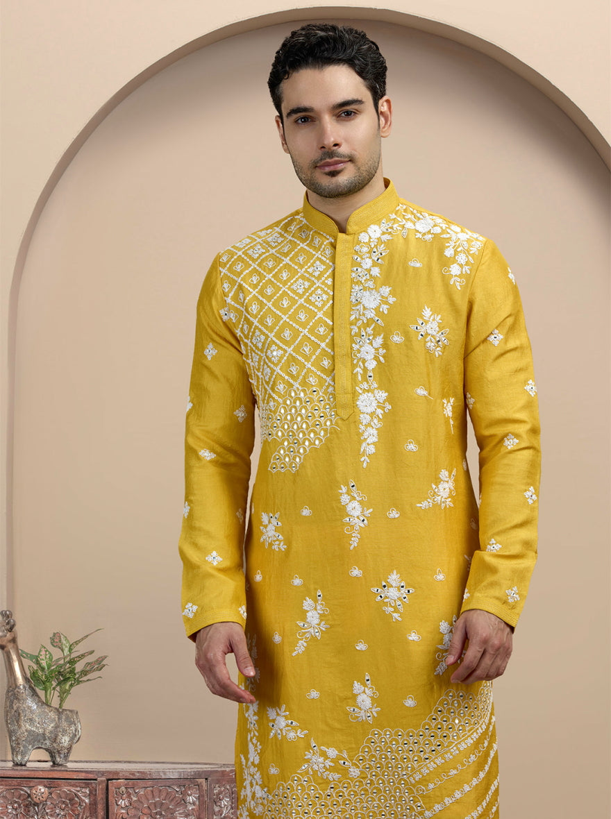 Yellow & White Embroidered Kurta Pajama | TULA