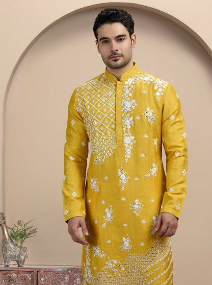 Yellow & White Embroidered Kurta Pajama | TULA