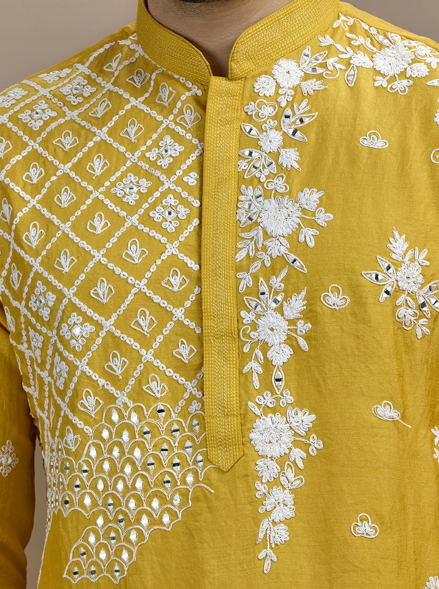Yellow & White Embroidered Kurta Pajama | TULA