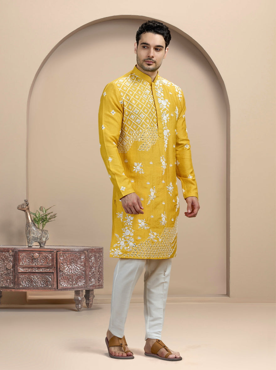 Yellow & White Embroidered Kurta Pajama | TULA