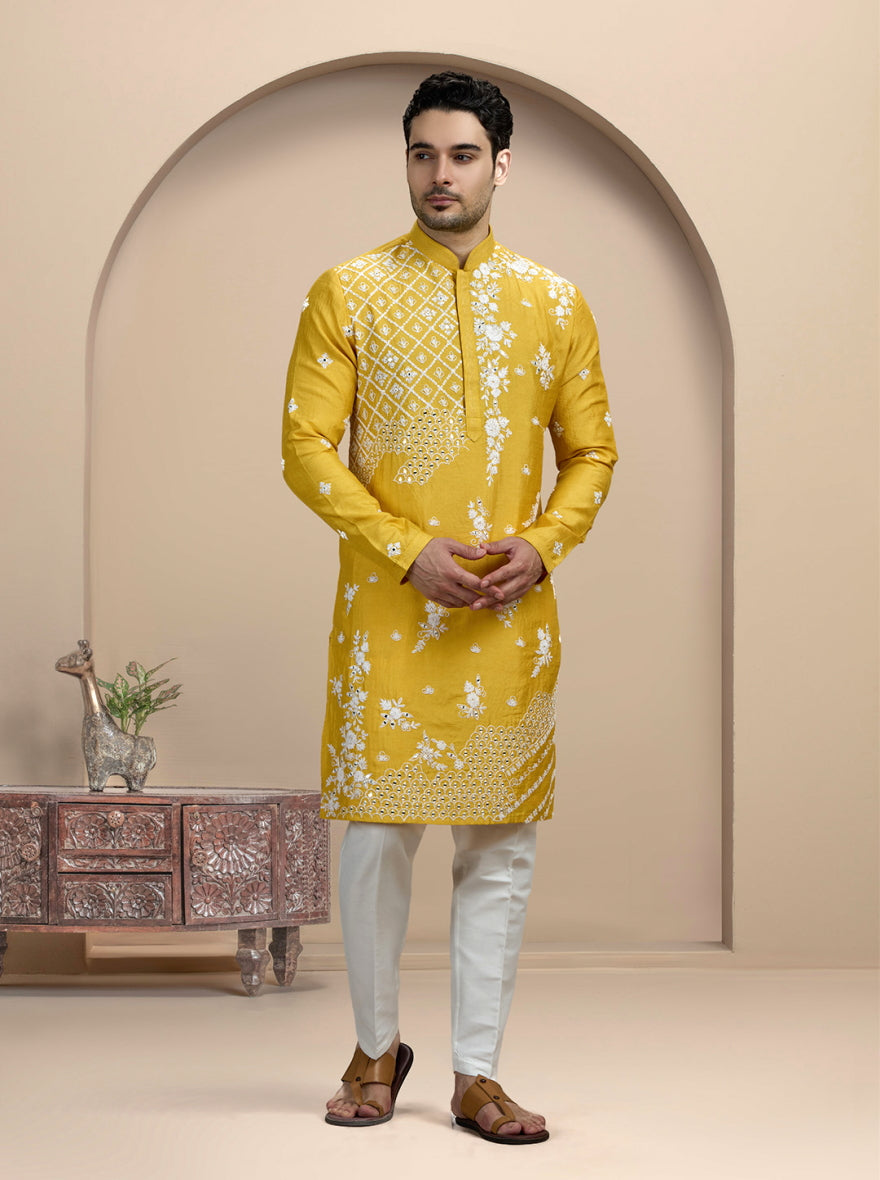 Yellow & White Embroidered Kurta Pajama | TULA