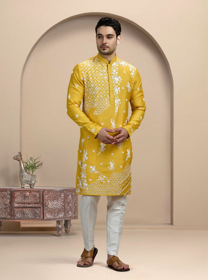 Yellow & White Embroidered Kurta Pajama | TULA