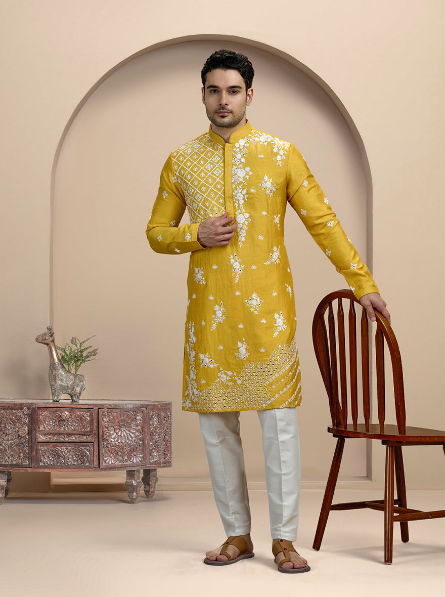 Yellow & White Embroidered Kurta Pajama | TULA