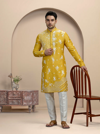 Yellow & White Embroidered Kurta Pajama | TULA
