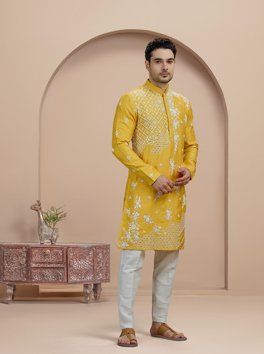 Yellow & White Embroidered Kurta Pajama | TULA