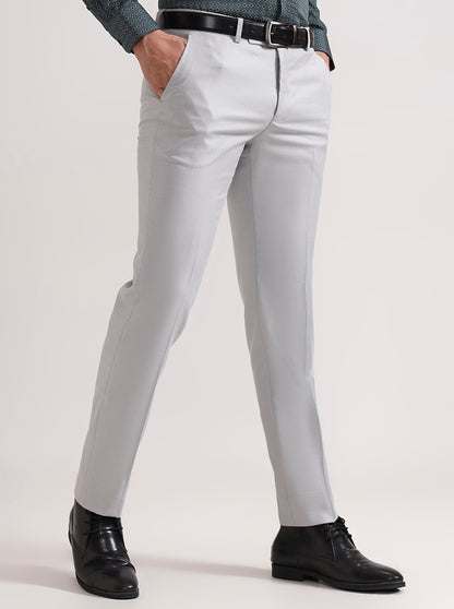Light Grey Solid Slim Fit Formal Trouser | Greenfibre