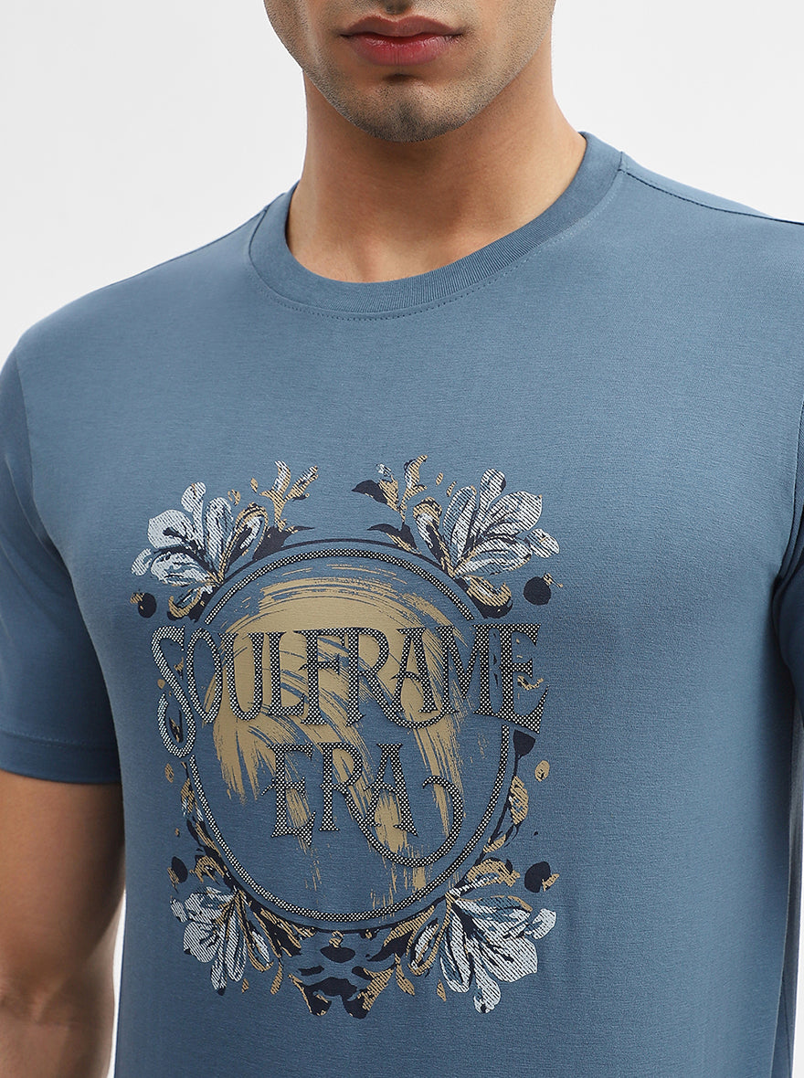 Blue Printed Slim Fit T-Shirt | Greenfibre