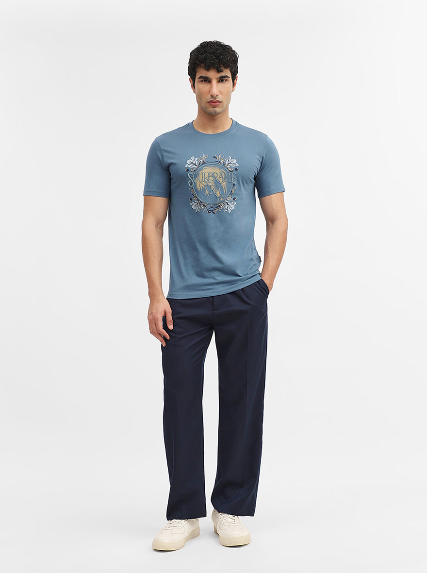 Blue Printed Slim Fit T-Shirt | Greenfibre