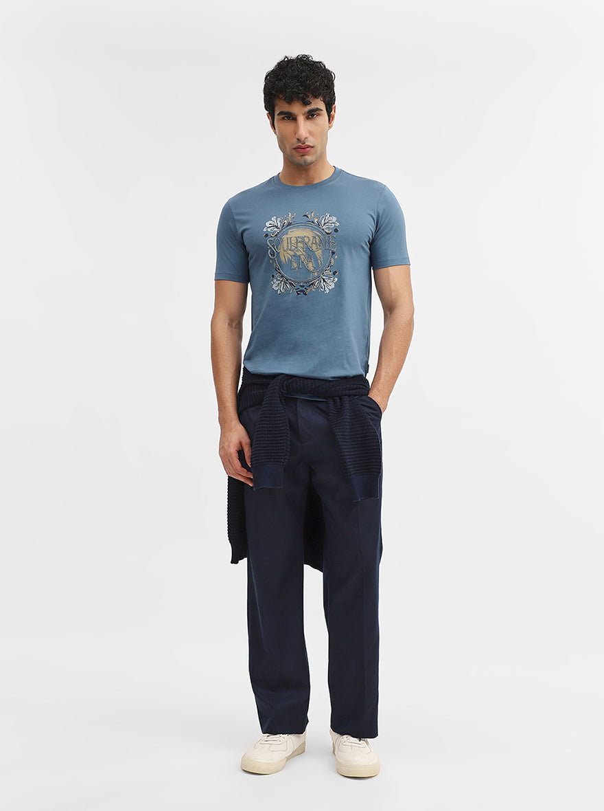 Blue Printed Slim Fit T-Shirt | Greenfibre