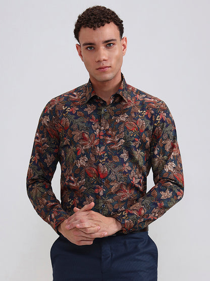 Blue & Beige Printed Slim Fit Party Wear Shirt | Wyre