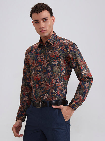 Blue & Beige Printed Slim Fit Party Wear Shirt | Wyre